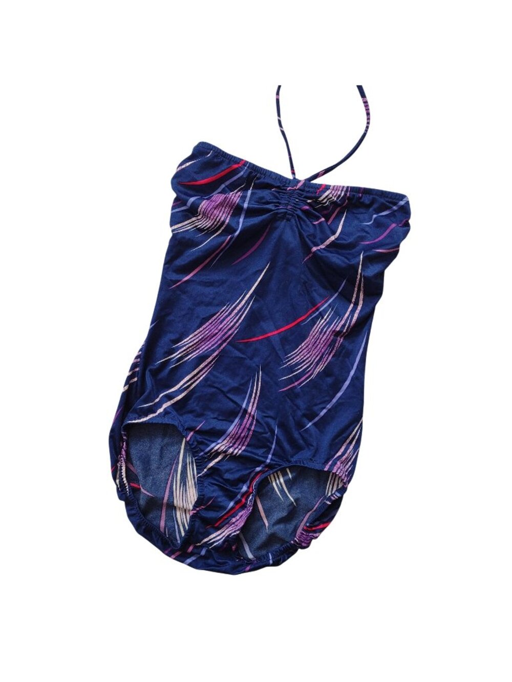Vtg 70s Halter Swimsuit S/M Navy Print Glam Disco One Piece Rose Marie Reid